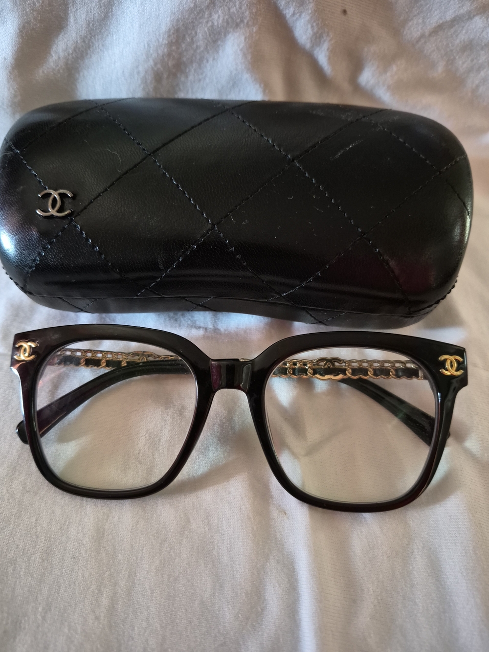 Chanel Men's Black Square Optical Glasses with Gold Chain Accent